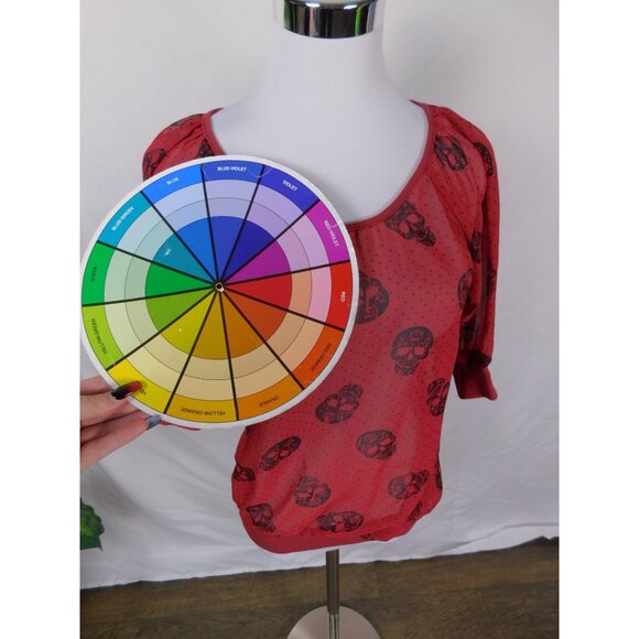Red Semi-Sheer Skull Print Blouse Womens S Back Zipper & 3/4 Sleeves - Picture 4 of 12